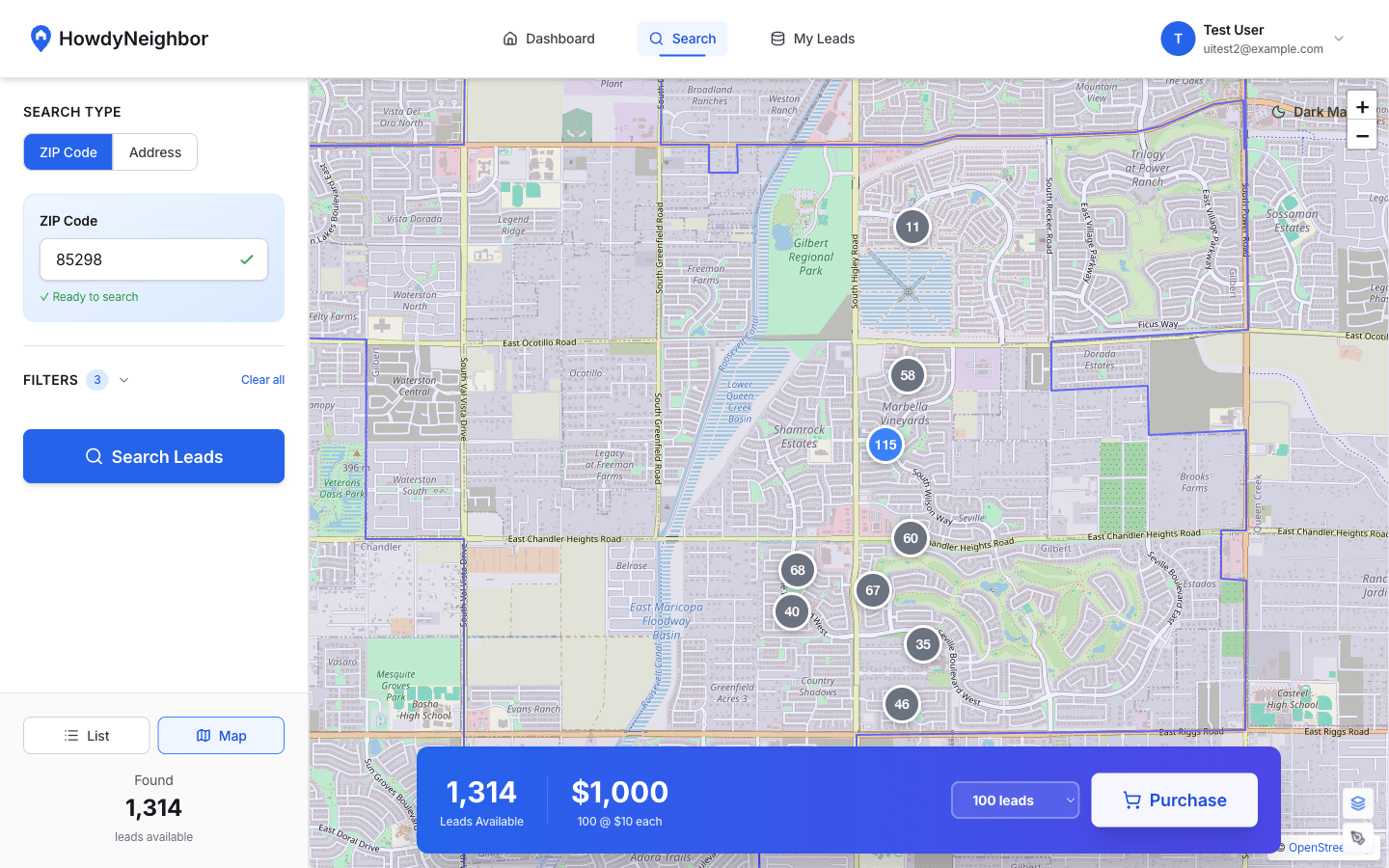 HowdyNeighbor search interface showing map with property markers